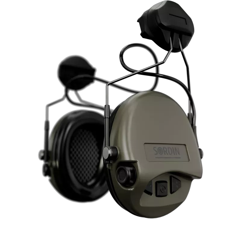 Sordin střelecká sluchátka Supreme MIL AUX - zelené mušle, ARC montáž na helmu, PVC náušníky