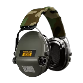 Sordin střelecká sluchátka Supreme Pro-X LED - zelené mušle, camo látka, gelové náušníky, LED světlo